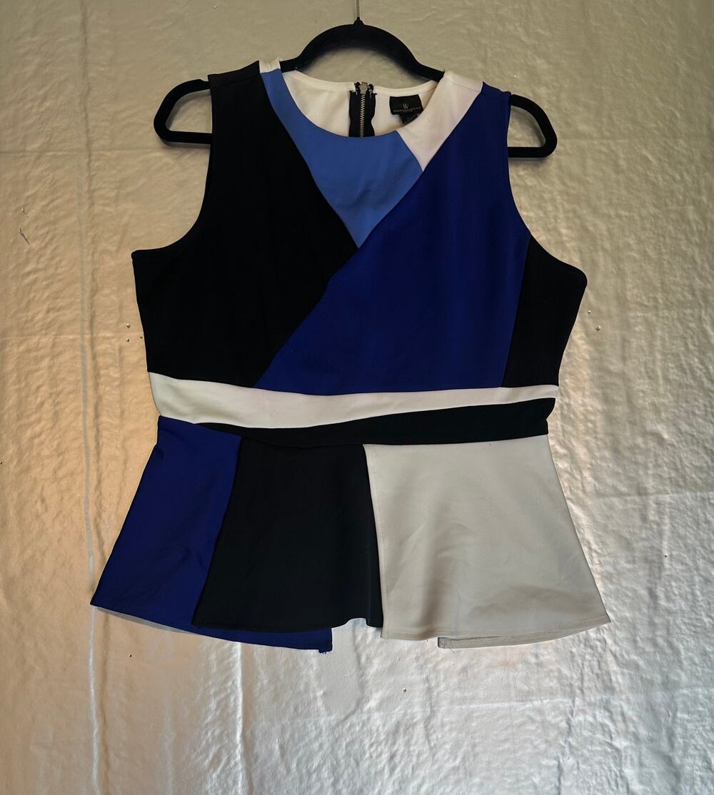 Worthington Petite Large Blue Black White Peplum Sleeveless Top